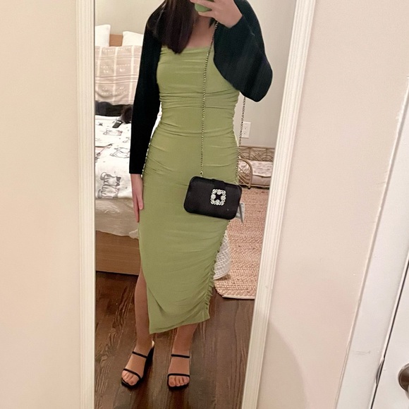 Express BodyCon Ruched Side Slit Midi Dress With Bra Cups in Green - Picture 8 of 9